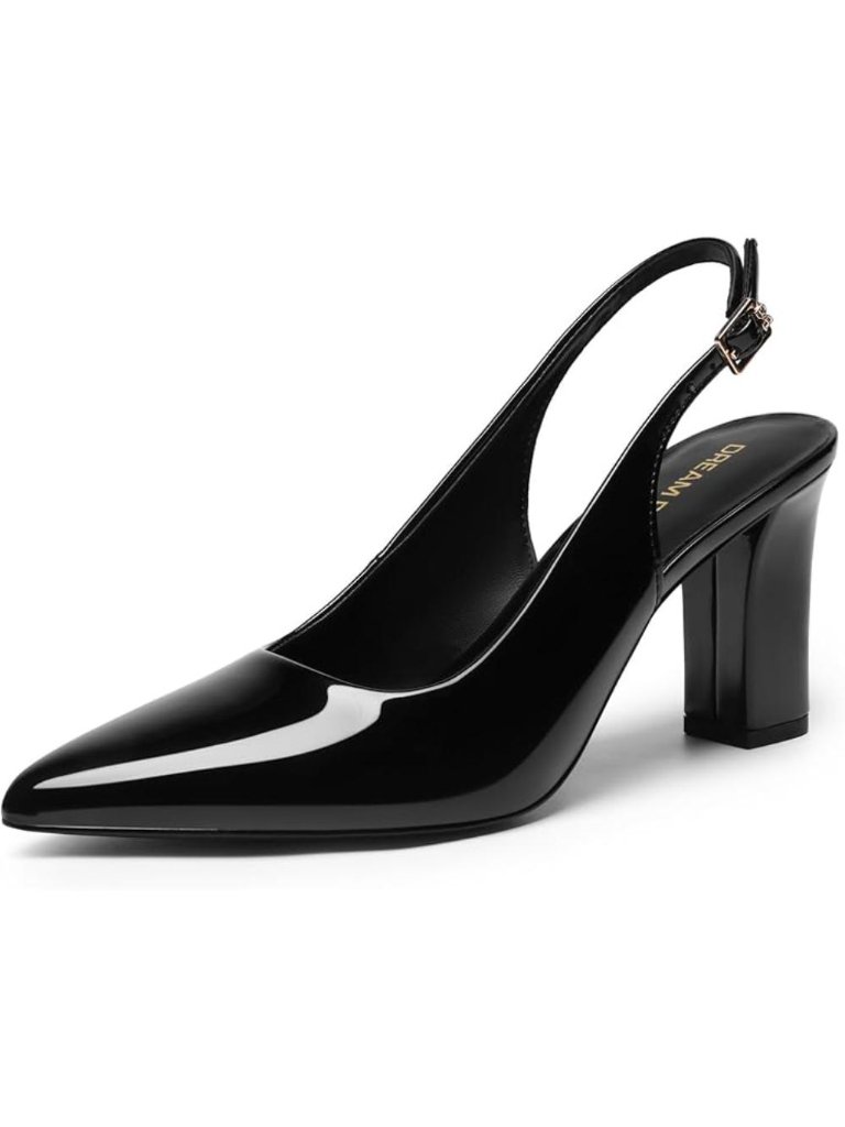 Women's Black-Pat Slingback Chunky Block Heels Pointed Toe Closed Toe Pumps Shoe